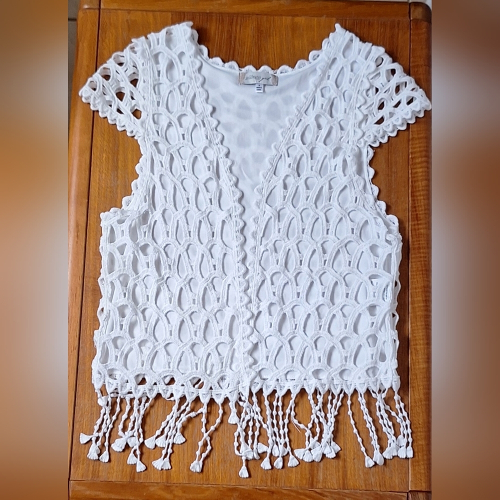 White Crochet Fringe Open Cardigan Eyelet Boho Country Festival Kids Womens NEW
